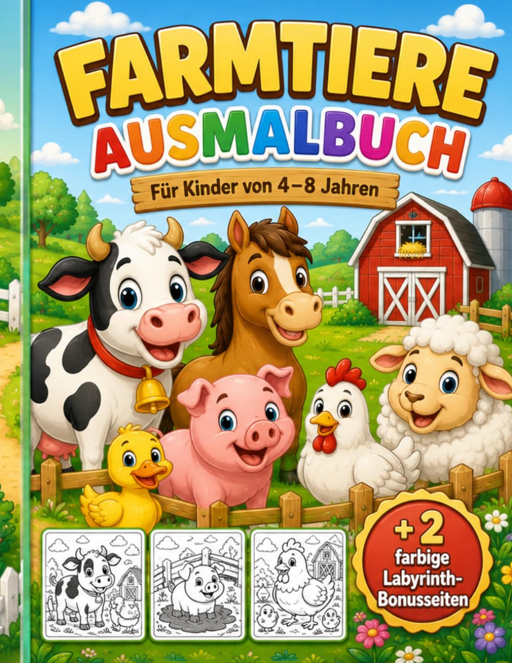 Farmtiere Ausmalbuch für Kinder ab 4 Jahren – Niedliche Bauernhoftiere: Mit Kuh, Pferd, Schwein, Schaf, Huhn und weiteren Bauernhoftieren – Große, ... inklusive 2 farbiger Bonus-Labyrinth-Seiten