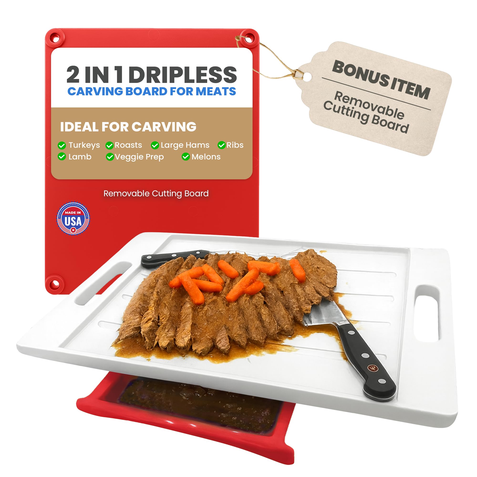 XL Meal Prep System Cutting Board - Large Cutting Board with Juice Groove, Spikes, Drip Tray & Removable Surface - Carving Board - BBQ Essential & Kitchen Gifts - BPA Free Cutting Board - Red