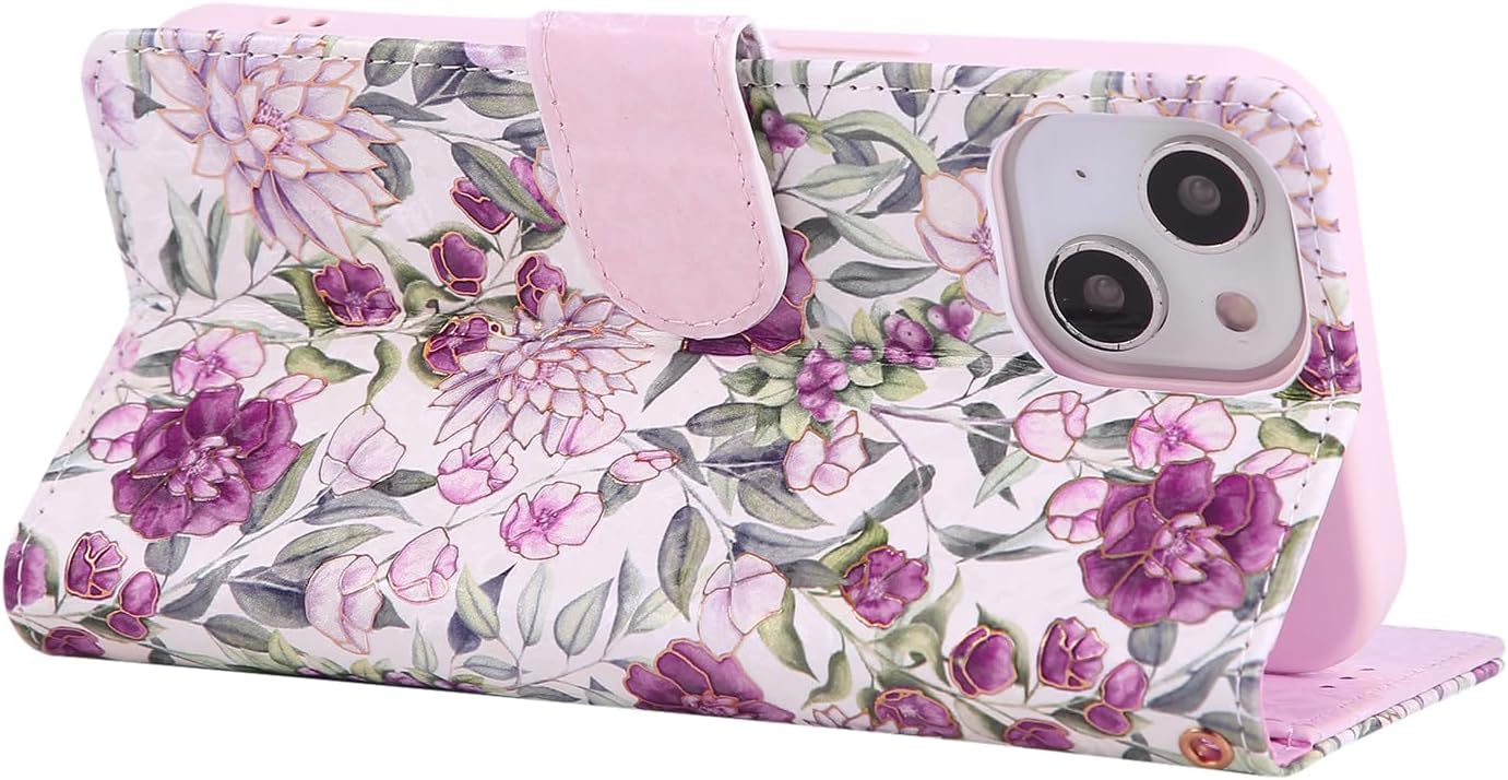 UEEBAI Wallet Case for iPhone 15, PU Leather Phone Case Kickstand RFID Blocking Flip Case Card Slots Wrist Strap Relief Engraved Pattern Magnetic Closure Flower Folio Case, Violet - Image 5