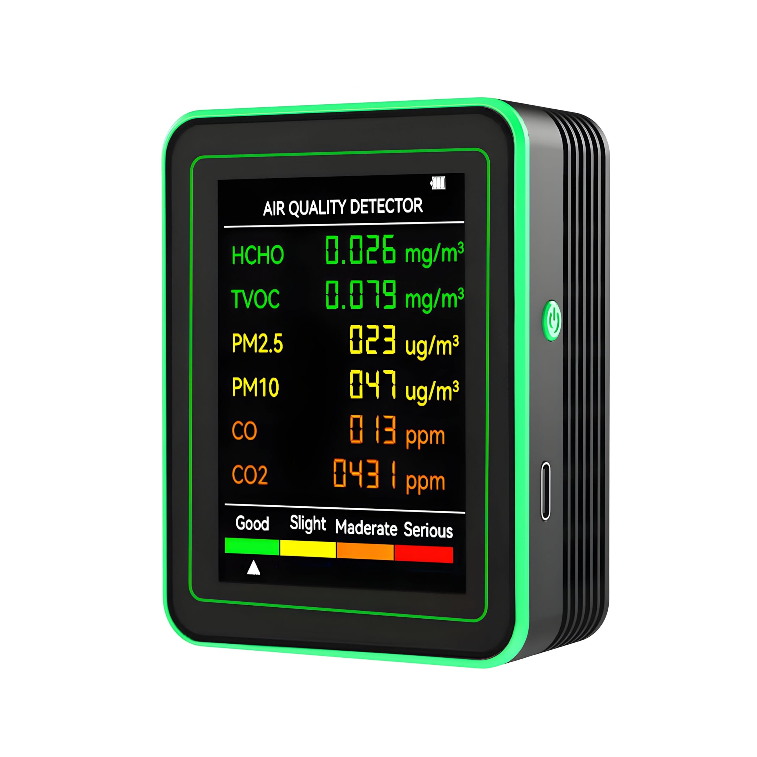 Portable Air Quality Detector with 6-in-1 Monitoring - CO2, CO, PM2.5, PM10, HCHO, TVOC Tester with 2.8" Color Display, USB-C Rechargeable for Home and Office