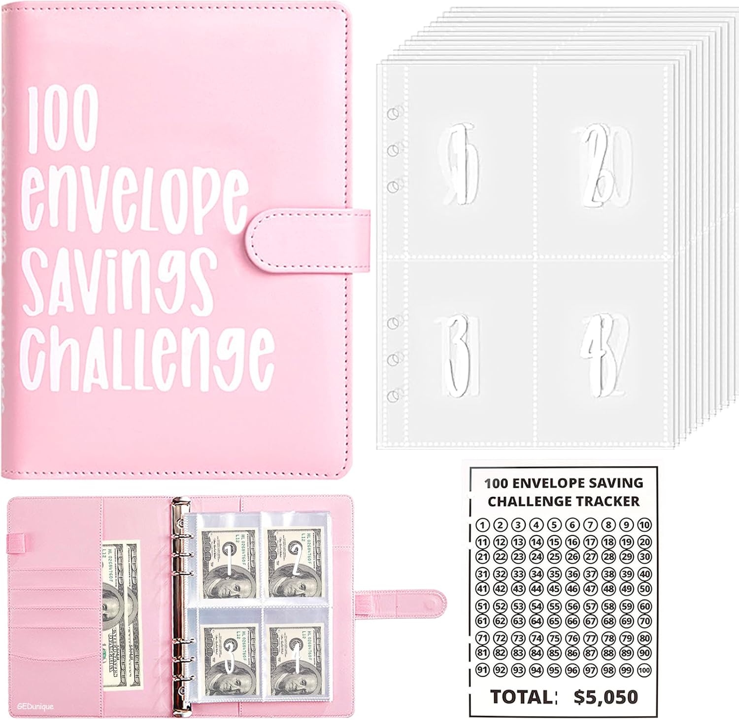 100 Envelopes Money Saving Challenge, New 100 Envelope Challenge Binder, Easy and Funny Way to Save $5,050 Budget Planner, 100 Day Envelope Challenge Kit Money Saving Book for Cash Pink