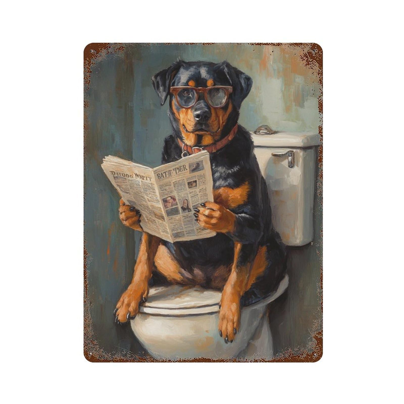 Dog Reading Newspaper on Toilet-56 15.7"x11.8" Aged Metal Wall Plaque, Retro Wall Decor for Farmhouse, Kitchen And Entryway Decor