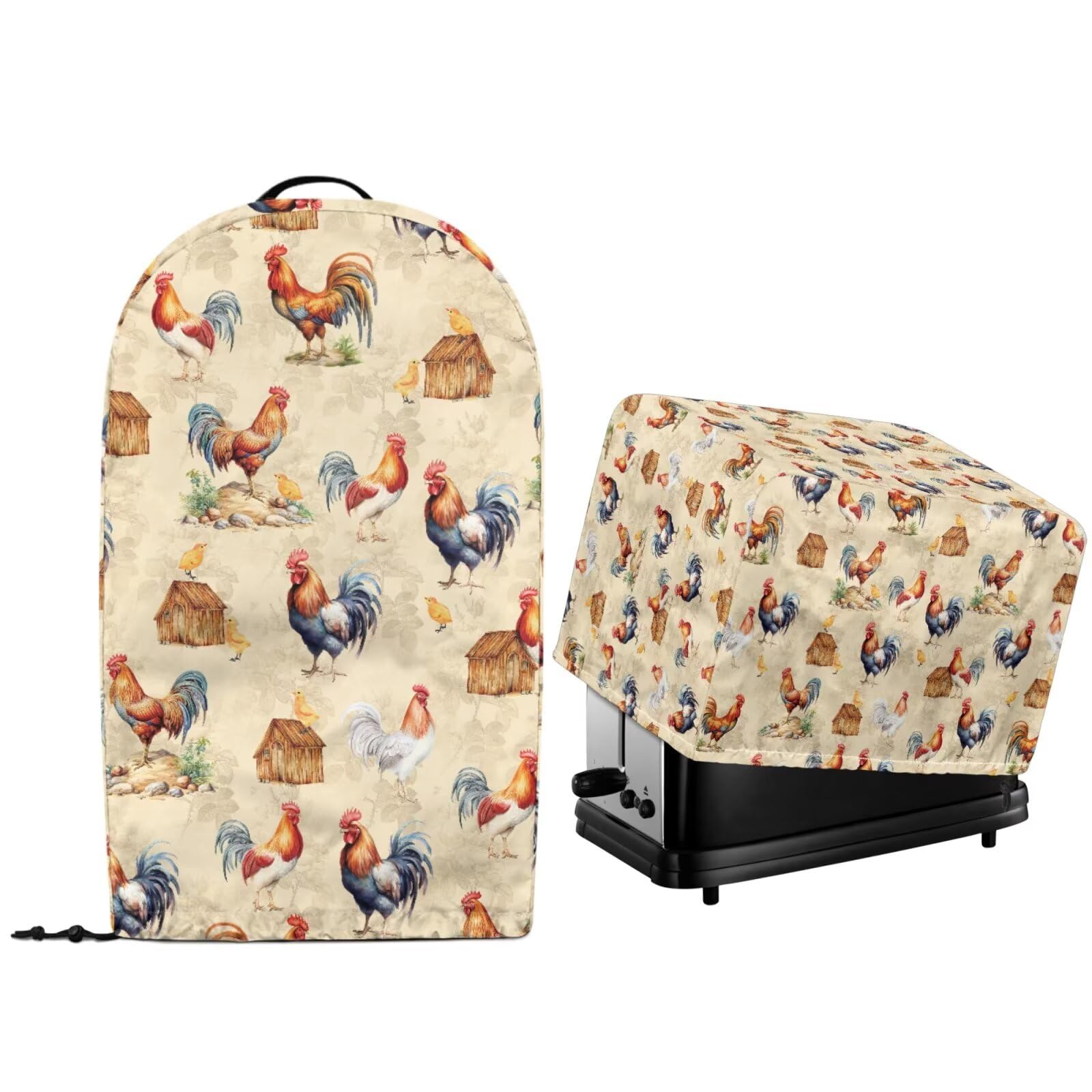 2 Pcs Kitchen Appliance Dust Cover for Countertop Stand Mixer Blender and Toaster Maker Oven Quilted Protector Cover with Drawstring Hem Farmhouse Rooster Print