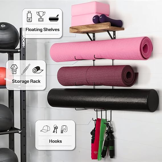 2 PACK Yoga Mat Holder Wall Mount Yoga Mat Storage Shelf Rack Home Gym Accessories with Wood Floating Shelves and 4 Hooks for Hanging Foam Roller and Resistance Bands Home Gym Carbonized Black
