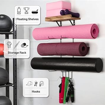 2 PACK Yoga Mat Holder Wall Mount Yoga Mat Storage Shelf Rack Home Gym Accessories with Wood Floating Shelves and 4 Hooks for Hanging Foam Roller and Resistance Bands Home Gym Carbonized Black