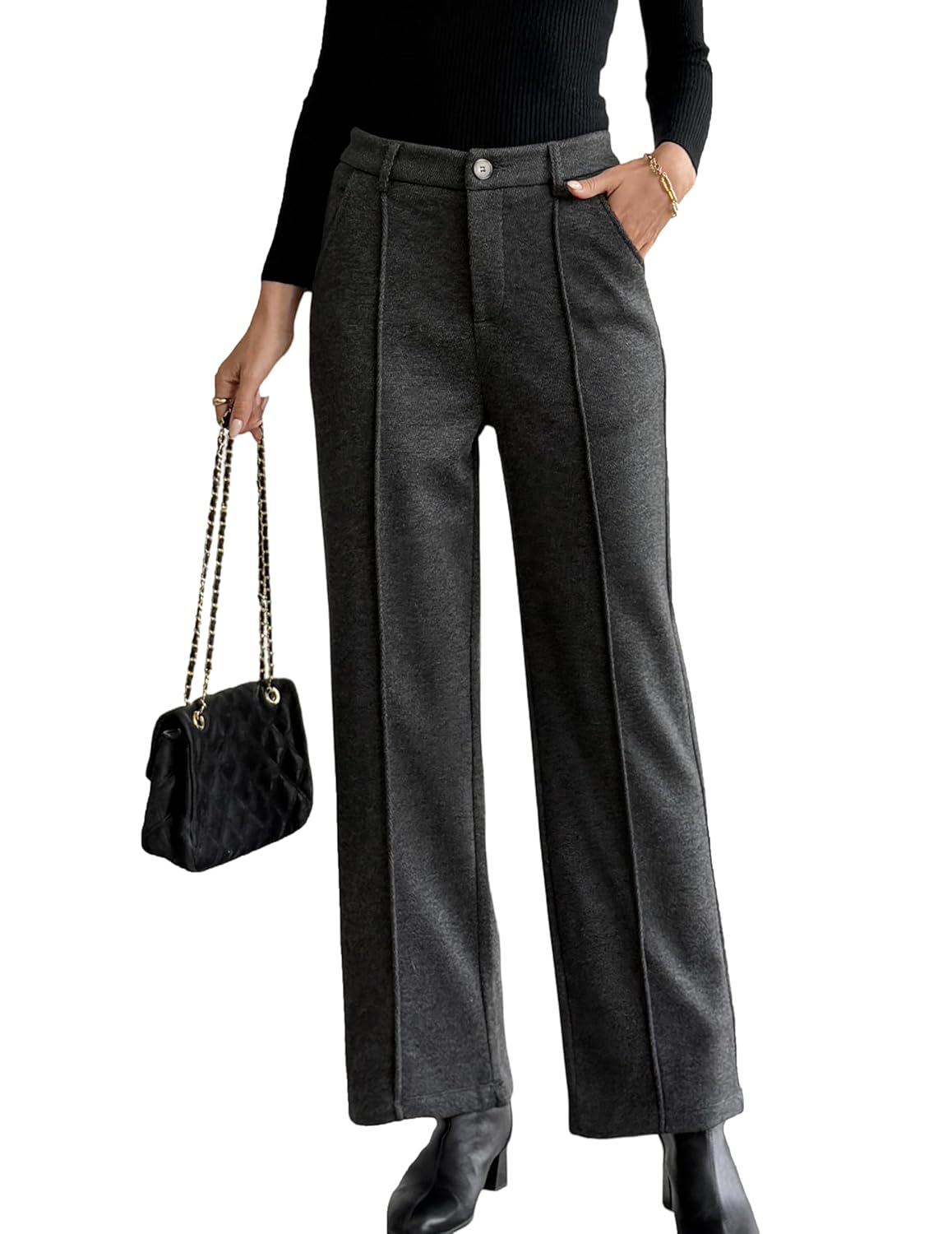 Womens Wool Blend Vintage Tweed Soft Winter Pants Fleece Lined Thermal Wide Leg Casual Dress Trouser