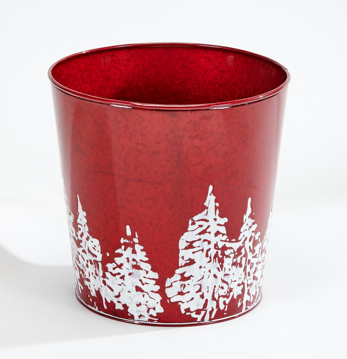 Red Galvanized Metal Christmas Planter Bucket with Tree Design, 9.25" Height, 9.5" Diameter, Set of 2