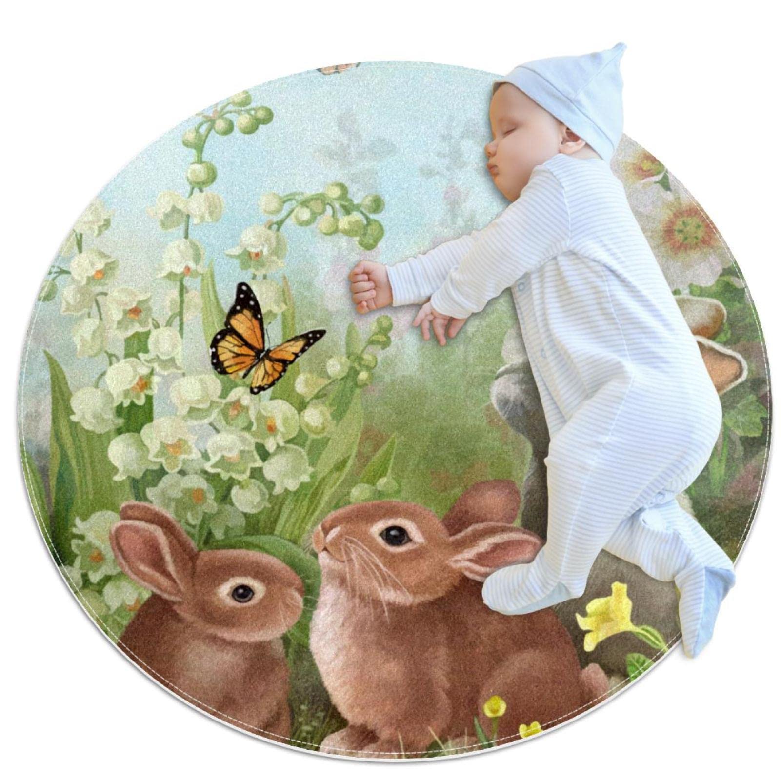 Alfombra infantil redonda de 80x80cm con diseño de mariposa y conejo