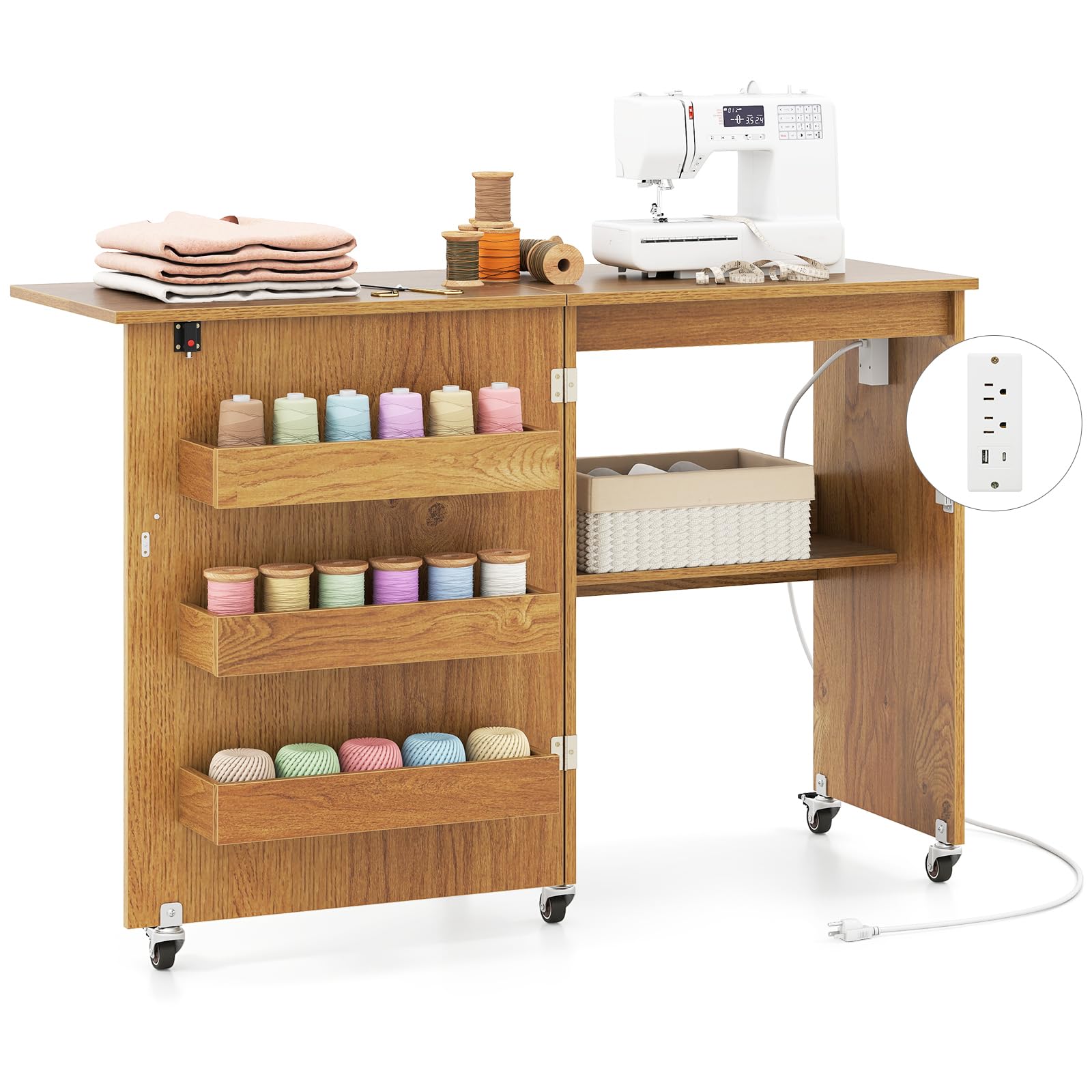 Nightcore Folding Sewing Table, Multipurpose Craft Table with Charging Station, Lockable Casters, Rack and Storage Shelves, Space-Saving Cart, Sewing Desk Cabinet for Living Room Home Studio