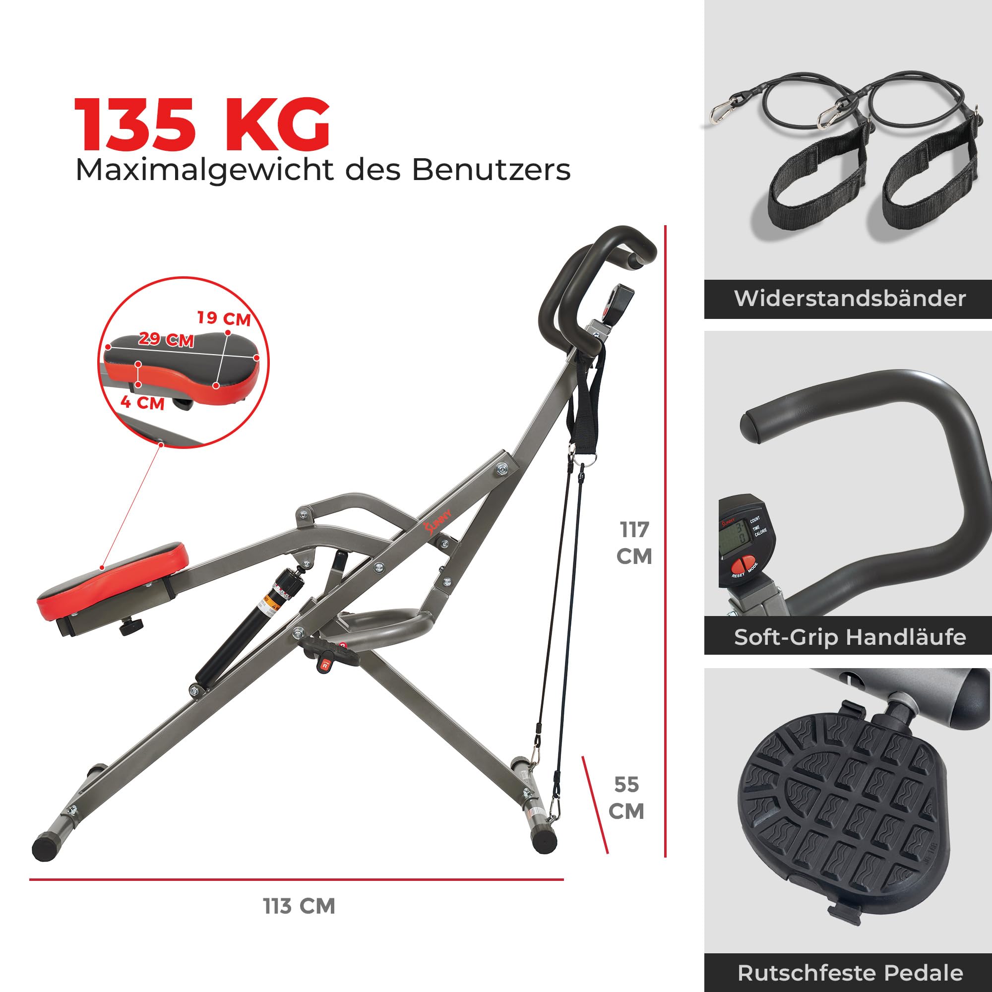 Sunny Health & Fitness Row-N-Ride PRO Ganzkörper Squat Trainingsgerät mit Optionale Widerstandsband, Einfach Aufzubauende Bauch und Ganzkörper Cardio Trainingsgerät für Zuhause, Optionale SunnyFit App