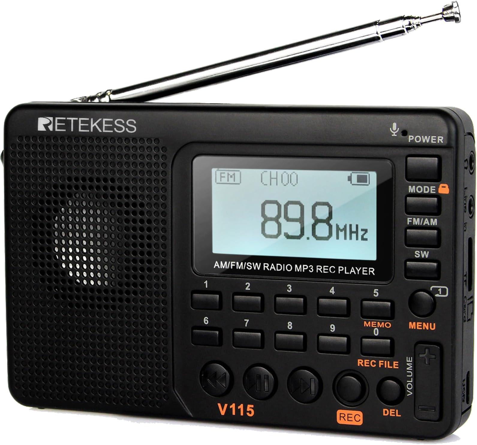 Retekess V115 Portable Radio, Pocket Radio, AM FM SW, Recorder, MP3 Support TF Card, Headphone Jack, Sleep Timer, LCD Backlight (Black)
