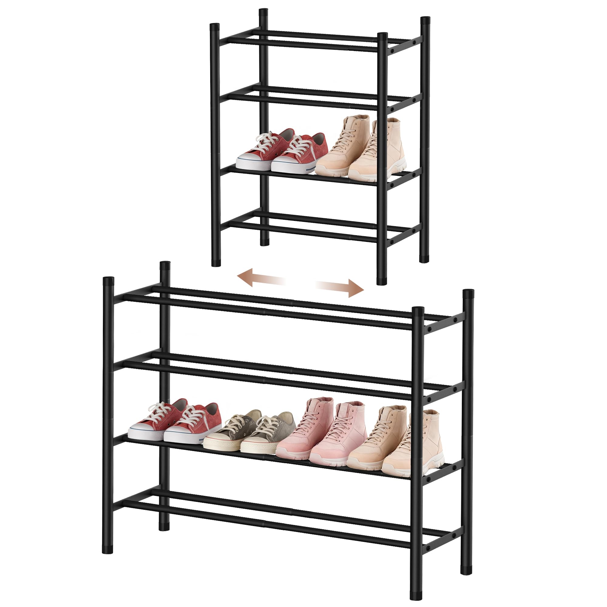 ViviDreamore 4-Tier Expandable Shoe Rack, Adjustable Metal Shoe Organizer Shelf, 45 to 82cm Sturdy Free Standing Shoe Storage Unit for Entryway, Hallway, Closet, Doorway, Bedroom Space Saving Black