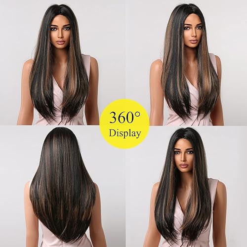 Miniatura 2 de Allbell Pelucas largas negras para mujeres negras, pelo sintético lacio con reflejos marrones, parte media, balayage, negro