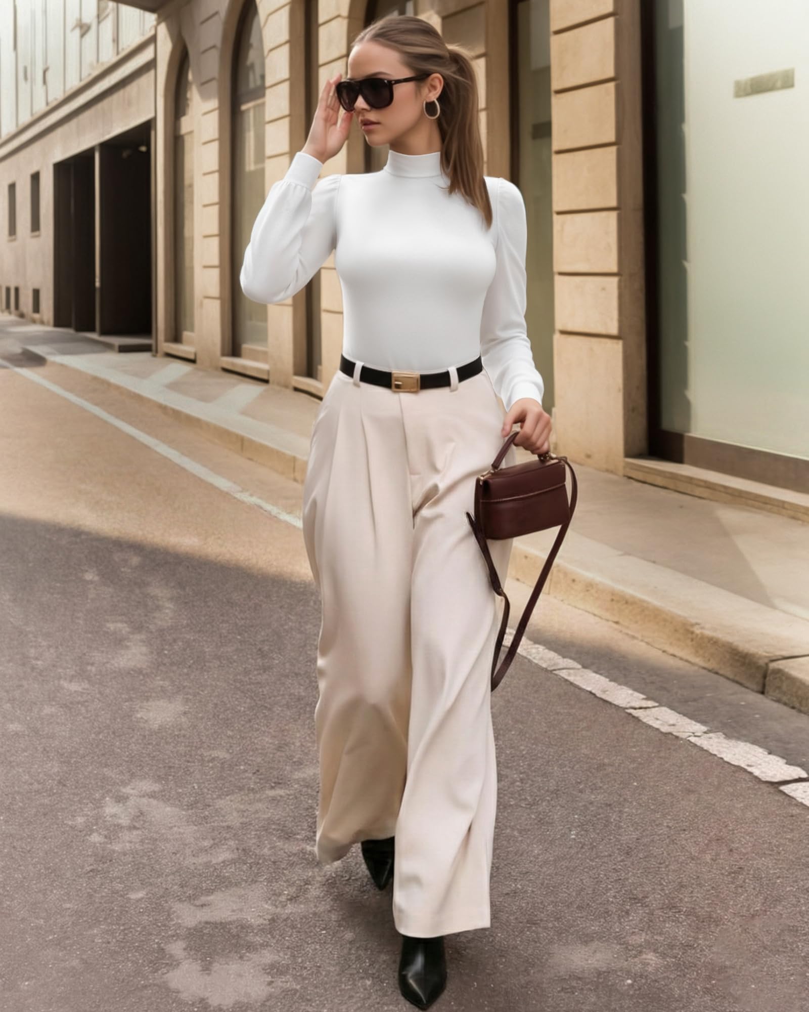 MANGOPOP Body de manga larga con cuello alto y holgado, casual, para entrenamiento, para mujer, A Manga Larga Blanco, XXL