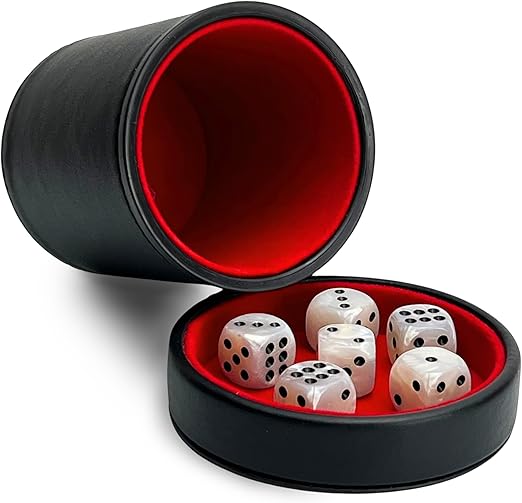 Luck Lab Black Leather Dice Cup with Lid Including 6 Matching Pearl Dice - Red Velvet Interior for Quiet Shaking - Use for Liars Dice Farkle Yahtzee Board Games