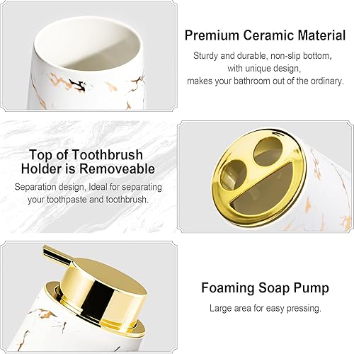 Miniatura 2 de Juego de accesorios de baño, 4 piezas, dispensador de jabón de baño, incluye dispensador de jabón espumoso de cerámica, jabonera, soporte para