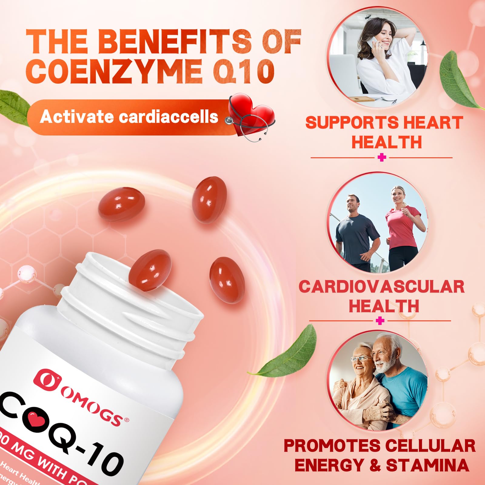 OMOGS CoQ10 400mg Softgels, Coenzyme Q10 High Absorption Supplements Support Heart Health, Cardiovascular Health, Immune System & Cellular Energy Production, Gluten Free, 90 Softgels — Amazon image 4