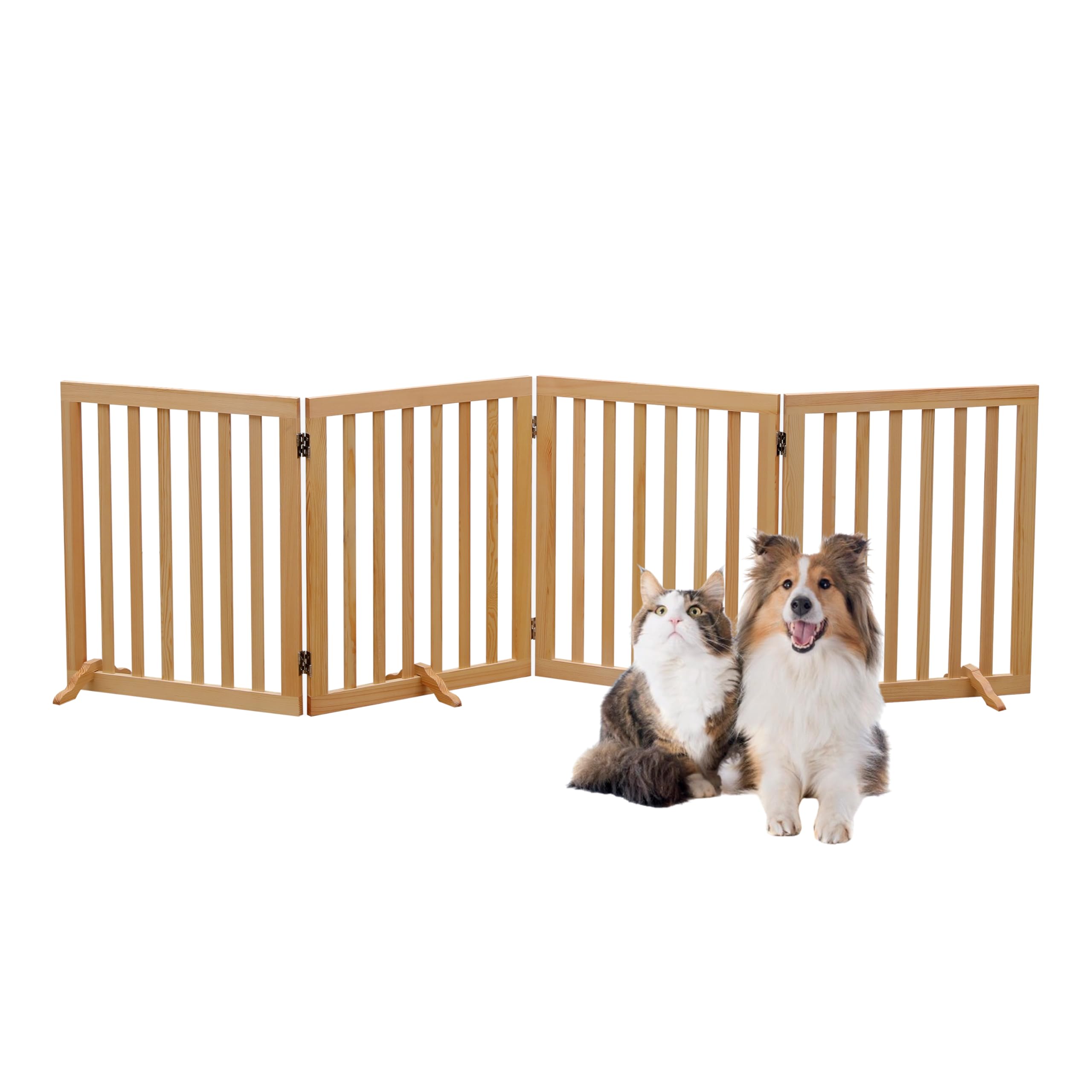 Pet Gate 4-Panel Wooden Dog Fence, Indoor Freestanding Pet Barrier for Stairs, Hallways, Doorways, Support Feet Included-Natural