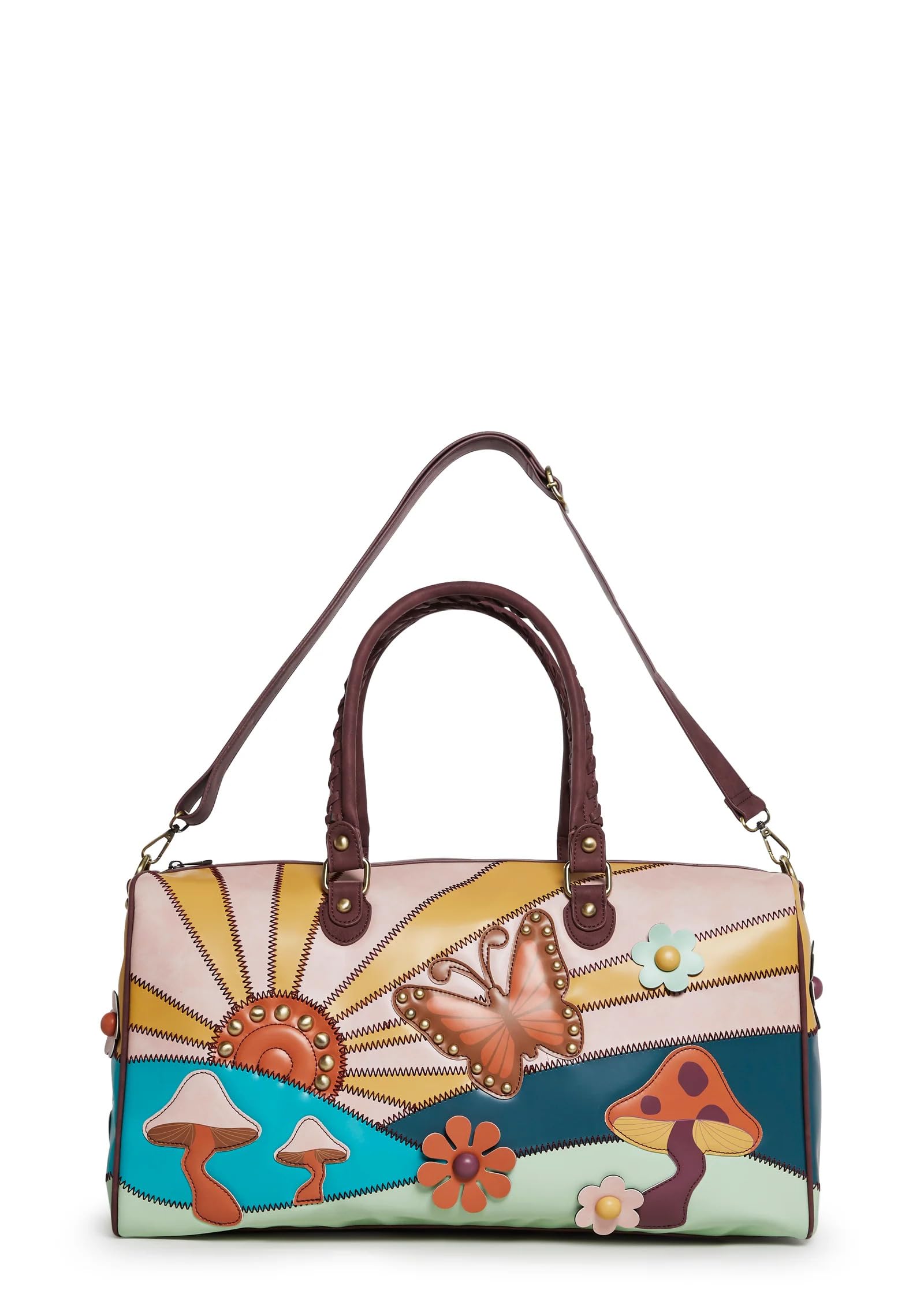 Dolls Kill Walking On Sunshine Weekender Bag by Current Mood – Vegan Leather Duffle with Sunset Mushroom Print & Embroidered Details, One Size
