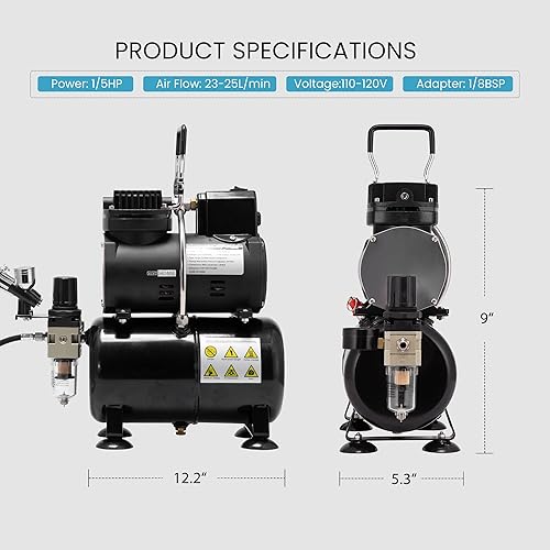 Miniatura 6 de VIVOHOME Airbrush Kit with Professional Air Compressor with 3L Tank, Quiet Airbrushing Paint System with 3 Dual Action Air Brush Gun, Gravity and