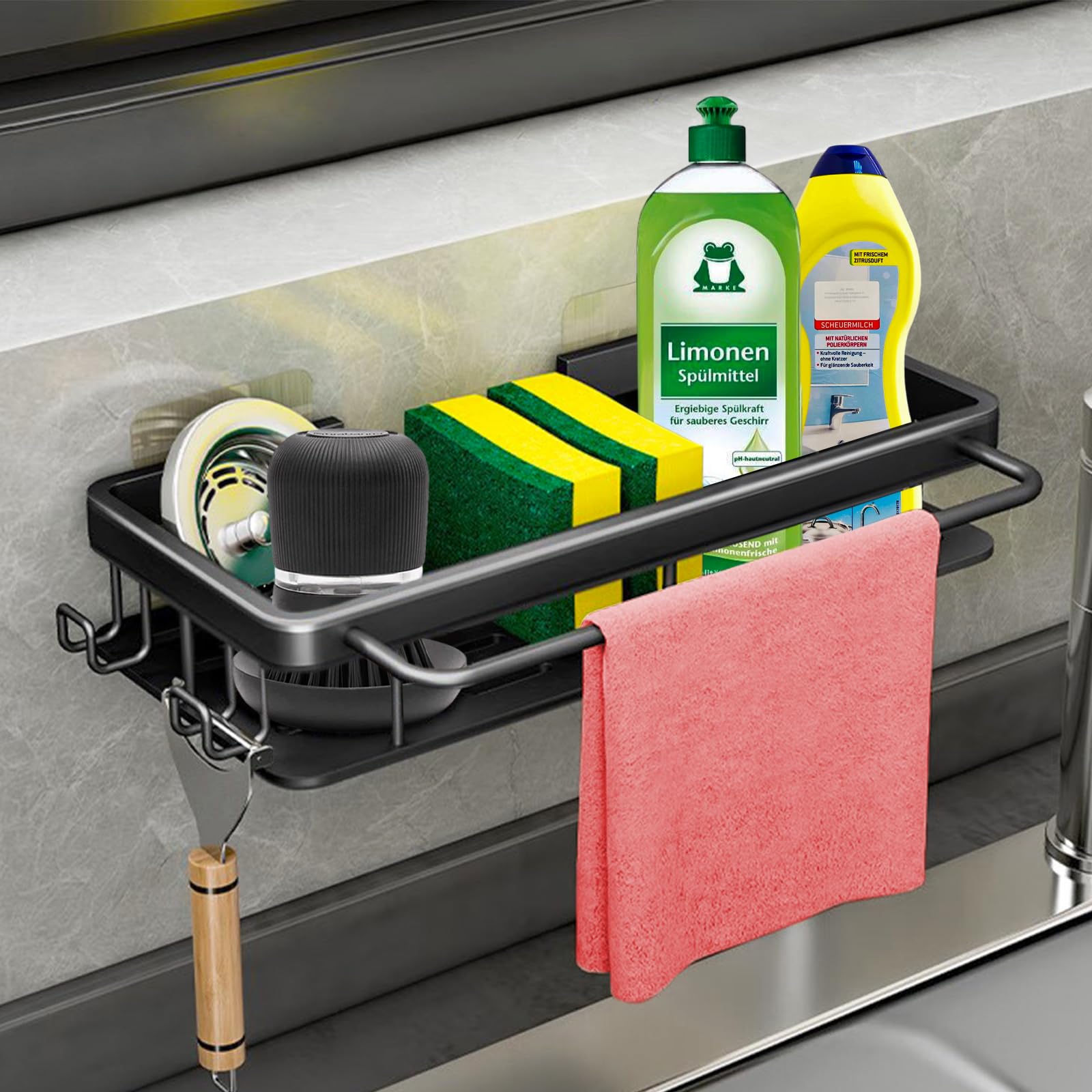 Porta Spugne Per Lavello Cucina | Con Divisori E Portasciugamani | Grigio | Alluminio Spaziale | Senza Fori - Foto 3