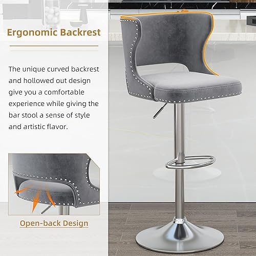Miniatura 6 de Westice Juego de 2 taburetes de bar, taburetes de bar giratorios de terciopelo ajustables con respaldo hueco, ribete de remache y base cromada