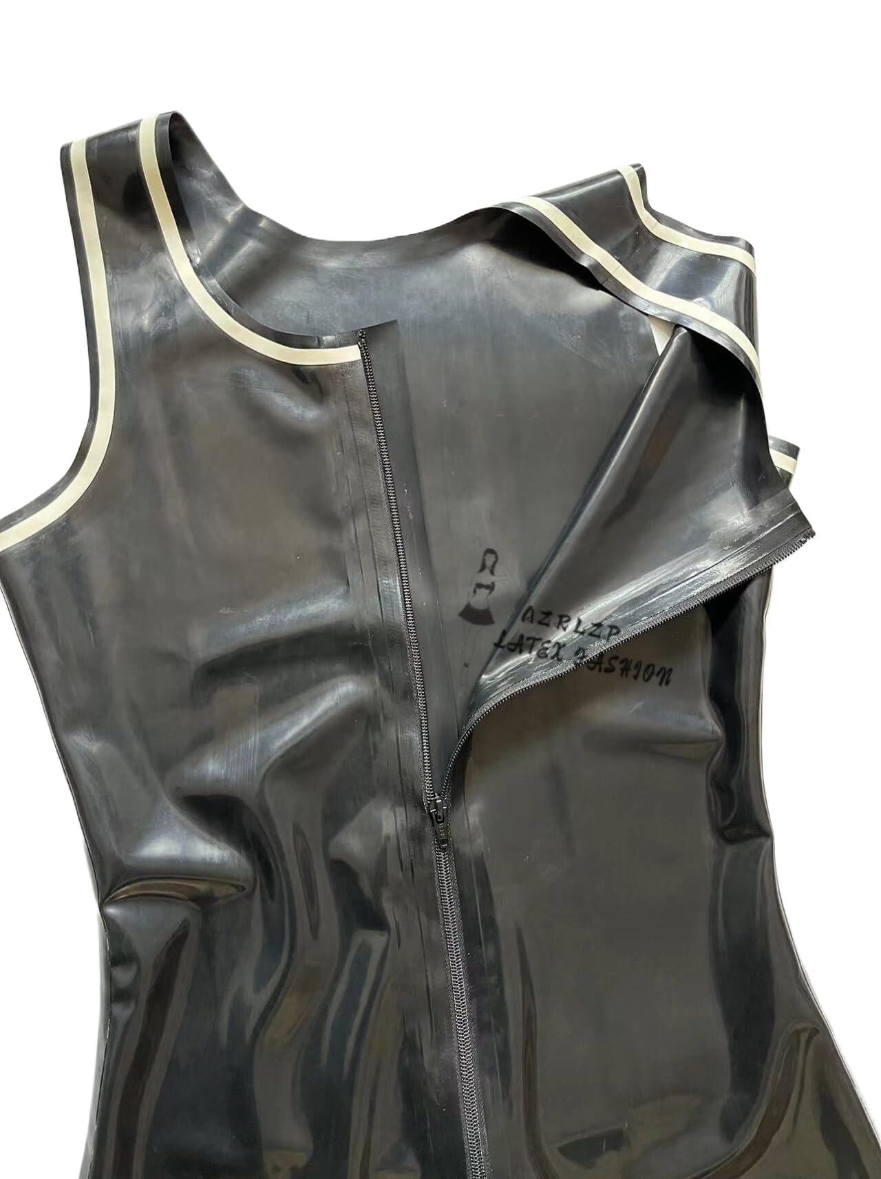 Body da uomo sexy in lattice di gomma senza maniche, stile canotta, con cerniera sul cavallo