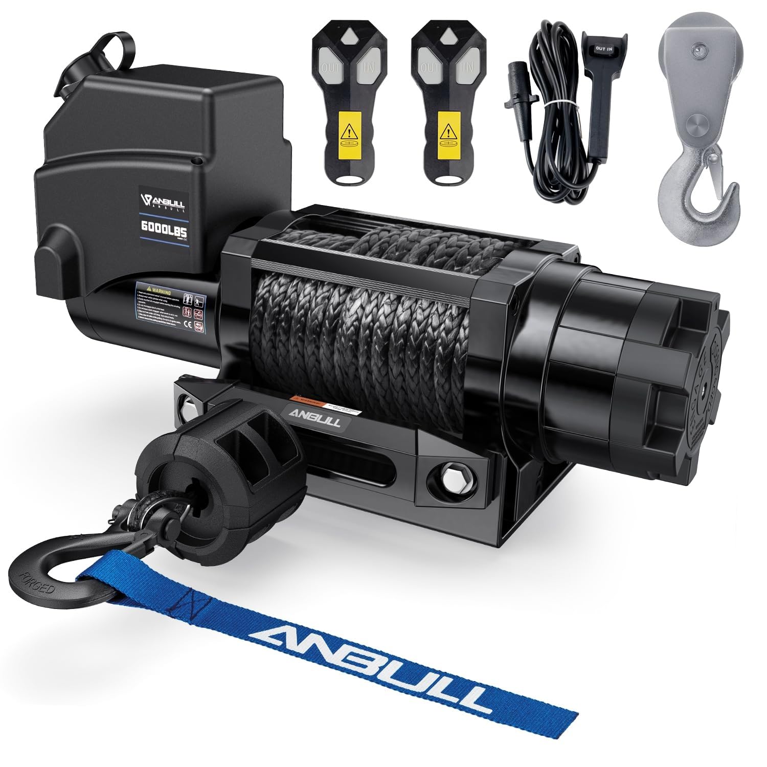 Anbull Cabrestante Eléctrico 12V 6 000 LBS/ 2722 Kg, No se requiere cableado, IP68 Impermeable, Cuerda sintética 6.3mm*16.8m, Cuerda de Nailon, Compatible para Quad, ATV, UTV
