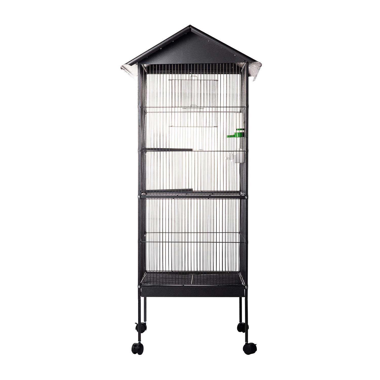 Aqpet Voliera con Tetto per Uccelli Grandi e Canarini, Gabbia in Metallo con Piedistallo e Ruote, Adatta per Interno ed Esterno, Dimensioni 157x52x52 cm, Nero