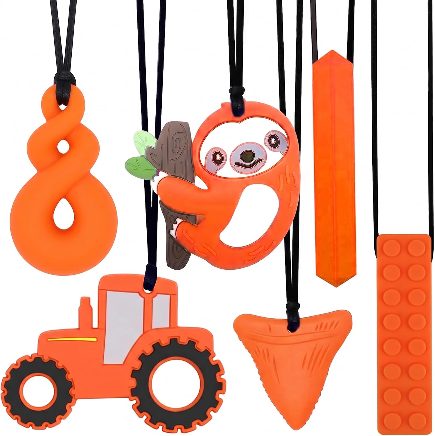 6 PCS Sensory Chew Necklace, Teether Chew Toys Safety Food Grade Silicone for Kids Toddlers ADHD, Autistic, Biting Needs, Oral Motor Teether Chew Pendant Toy with Adjustable Buckle for Boys(Orange) — image 1