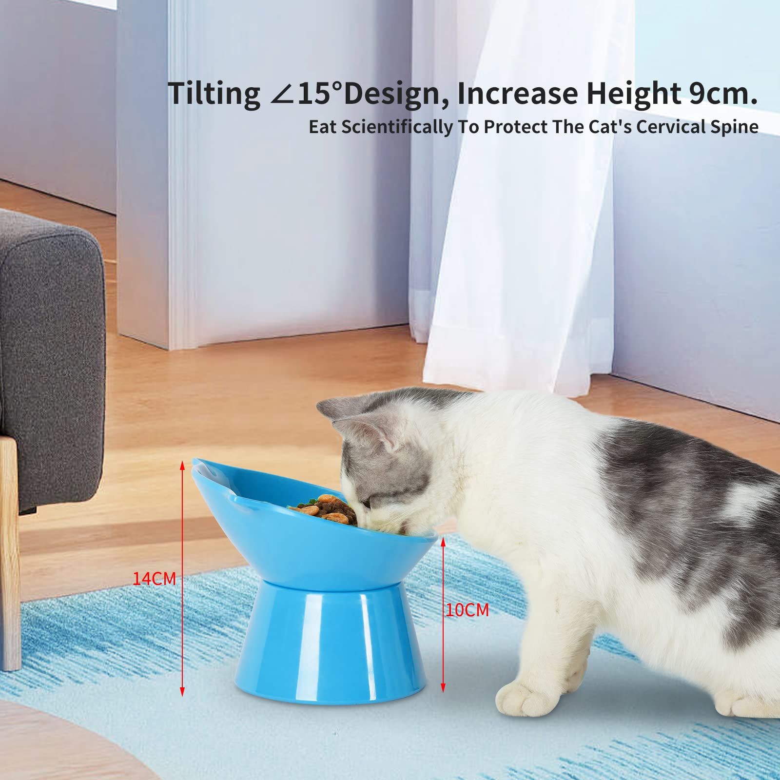 Ciotola Rialzata per Gatti e Cuccioli - Supporto Inclinato di 15° per Cibo e Acqua, Anti-vomito, Blu