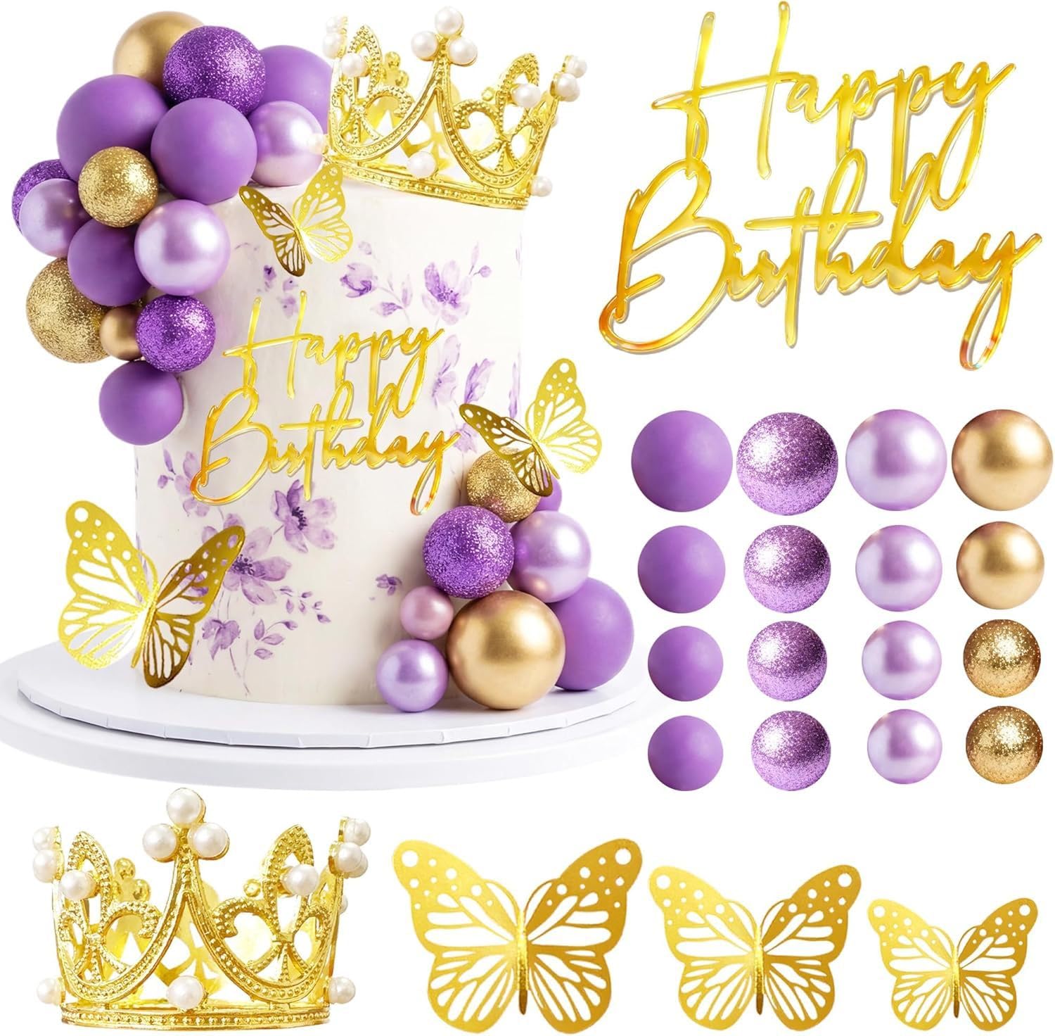 Purple Crown Cake Topper Butterfly Happy Birthday Cake Decor for Women