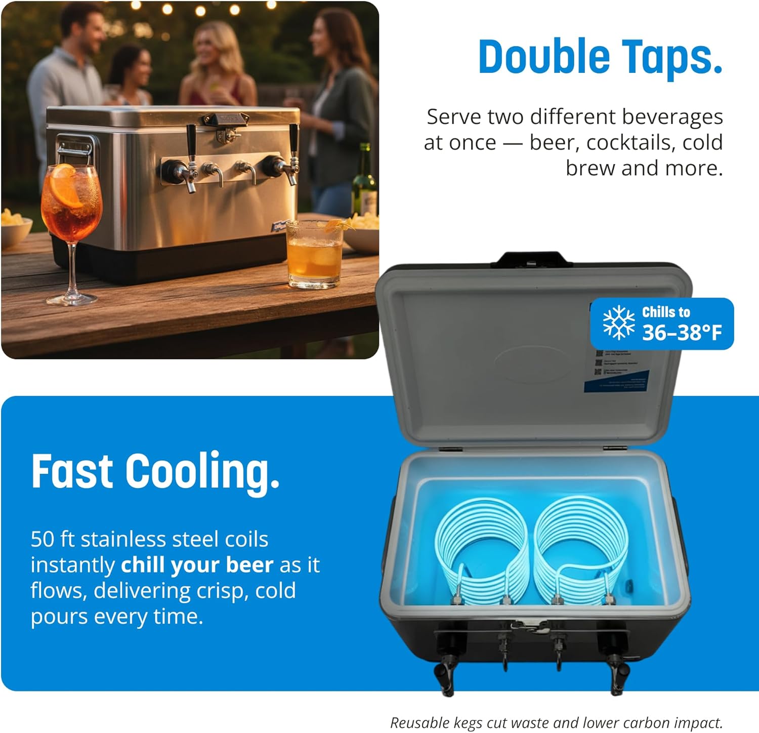 Coldbreak 2-Tap Jockey Box, Bartender Edition, 54 Quart Cooler with 50' Stainless Steel Coils, Front Input for Clean Setup, Heavy Duty Beverage-Grade Construction, Ideal for Keg Service (Silver)