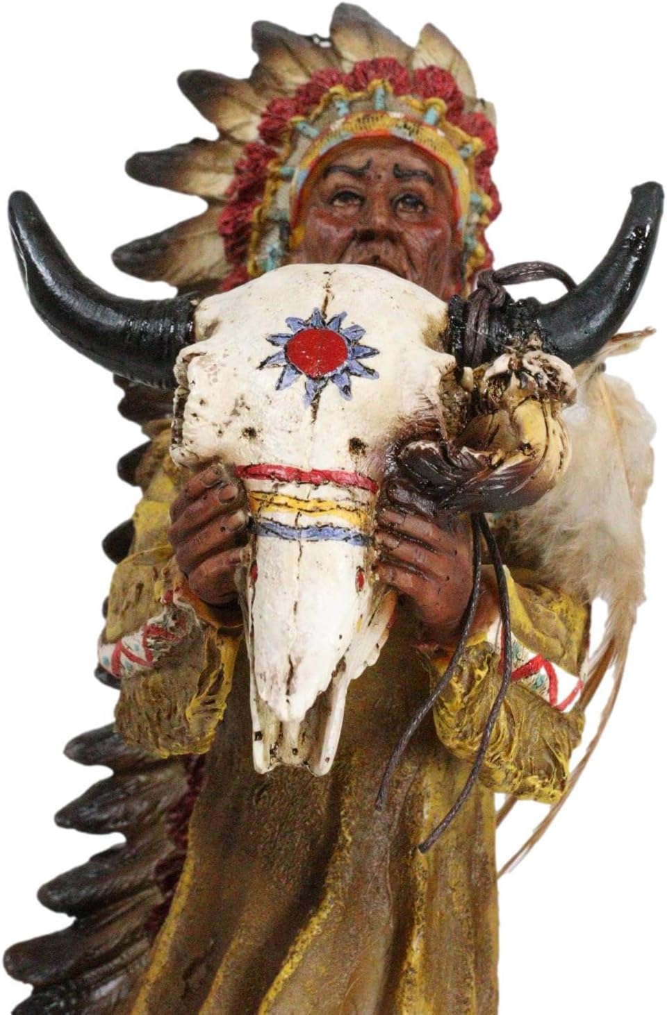 Ebros Gift Native American Indian Tribal Warrior Chief with Roach Headdress Holding Bull Ox Skull Figurine As Home Decor Sculpture Cultural Heritage History Figurine