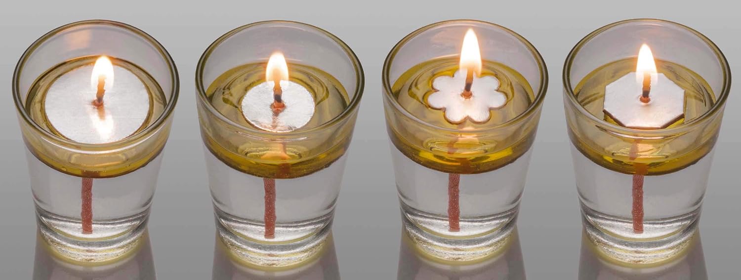 4 Assorted Floating wick Candle, 4 shapes Floating Candles, Large Round, Round, Flower & Octagonal, Floating oil wick Candles, Vigil Mix Floating Oil Candles, 50 Floating Candles + Extra 50 Long Wicks