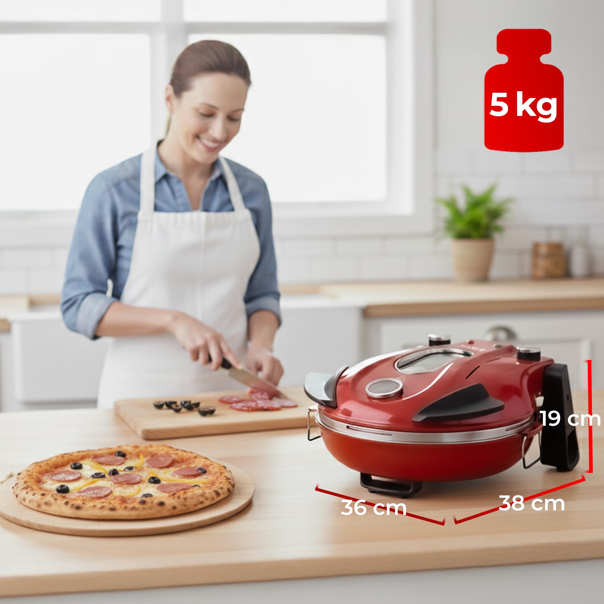 KLAMER Pizzaofen elektrisch, Pizza Ofen mit ⌀ 31cm, 1200W, 400°C, abnehmbarer Keramik Pizzastein, 5 Temperaturstufen, 15 Minuten Timer, Inkl. 2x Pizzaschieber
