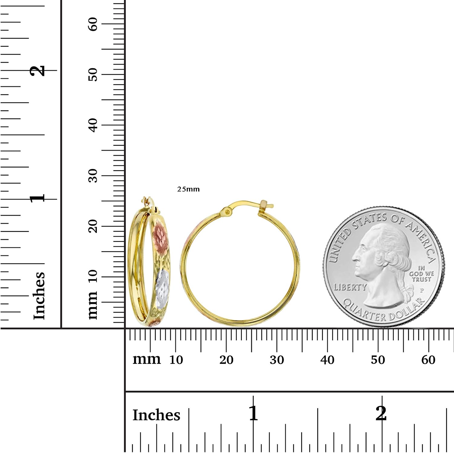 14k Tri Color Gold Solid Diamond Cut Hoop Earrings for Women | 4mm Thick | Diamond Design | Italian Gold Hoop Earrings | Secure Click-Top | Shiny Polished Earrings for Women, 15mm-45mm
