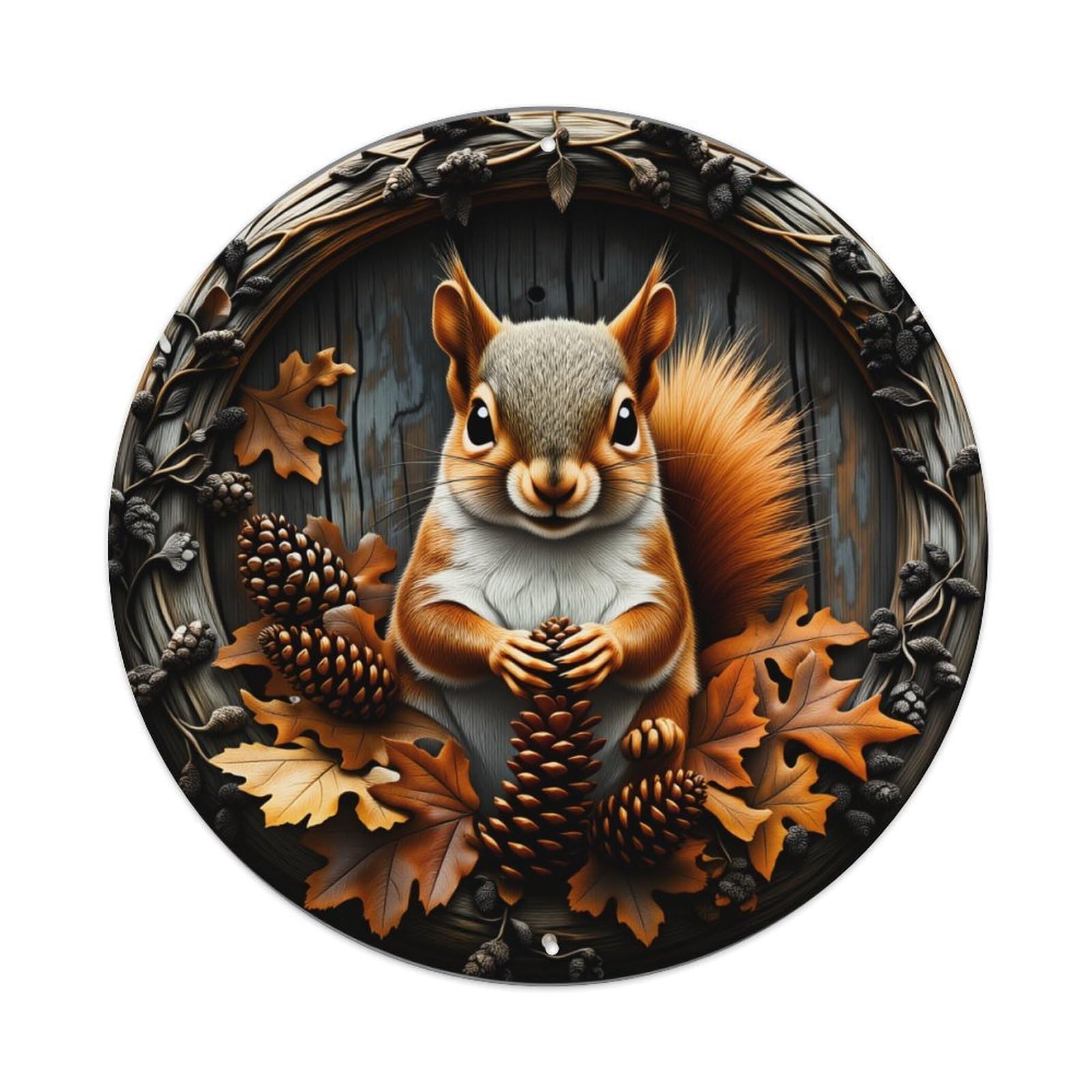 Squirrel Pinecone Autumn Leaves Wood Art Round Vintage Tin Sign,Retro Wall Art,Metal Poster for Home, Bar, Garage, Cafe, Rustic Indoor & Outdoor Decor, 8x8 Inches