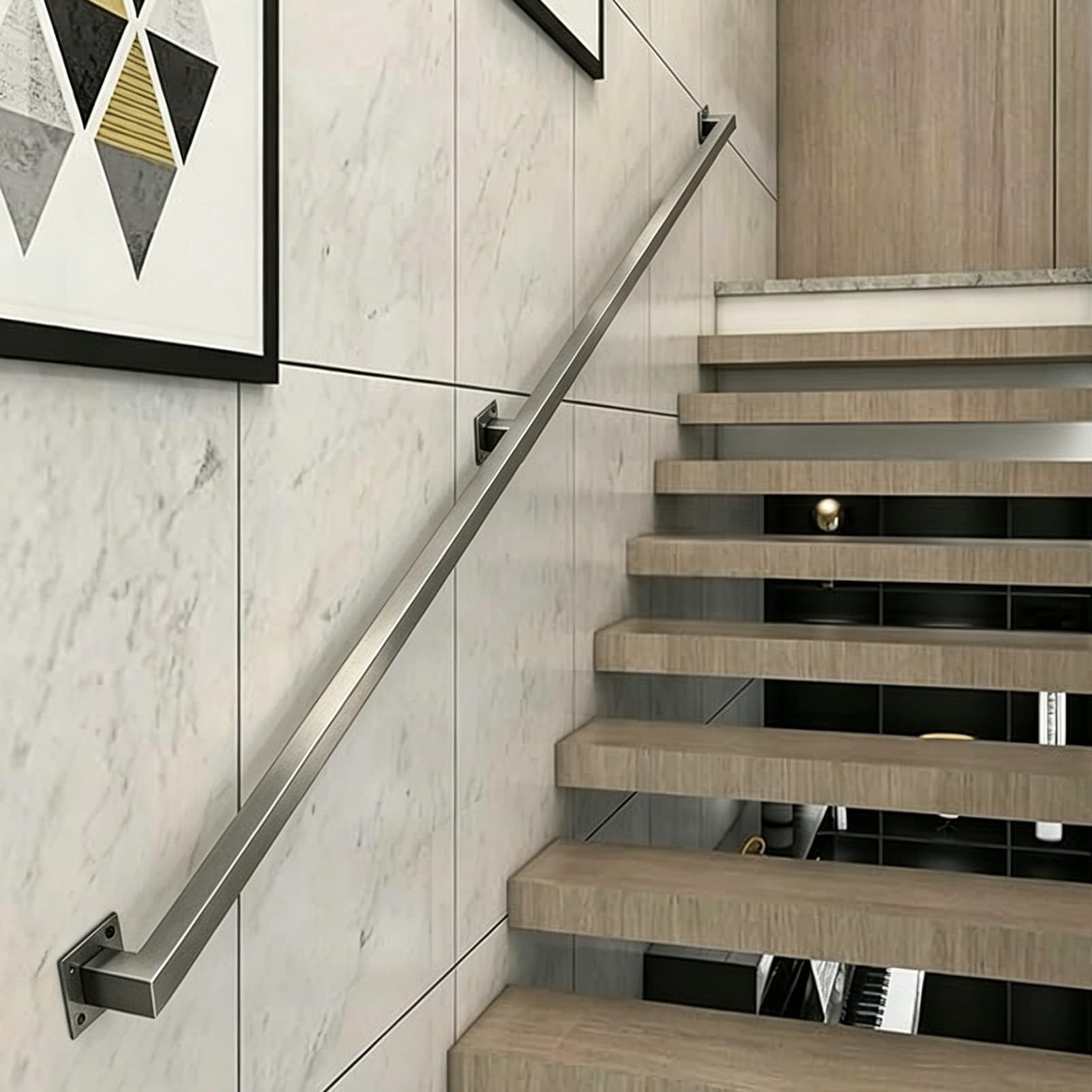 Modern Handrail for Stairs - Silver Brushed Stainless Steel Non-Slip Safety Square Pipe Support Rod - Sturdy Wall Mount Grab Rail for Home Corridor Lofts Decking(17ft/5.1m)