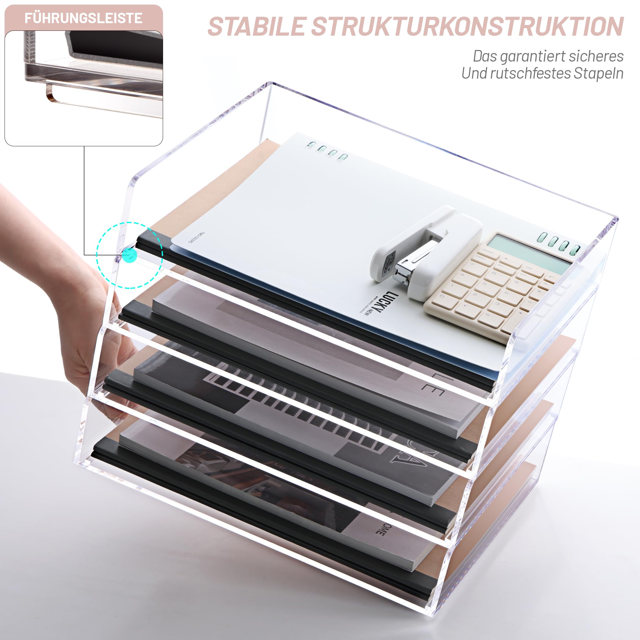 SANRUI 4er Set Dokumentenablage A4, Stapelbar Briefablage querformat aus Acryl, Stabiler Ablage Schreibtisch Organizer für Büro&Home, Moderne Ablagefächer Ablagekorb Transparent,31,5 x 22,5 x 26,5 cm