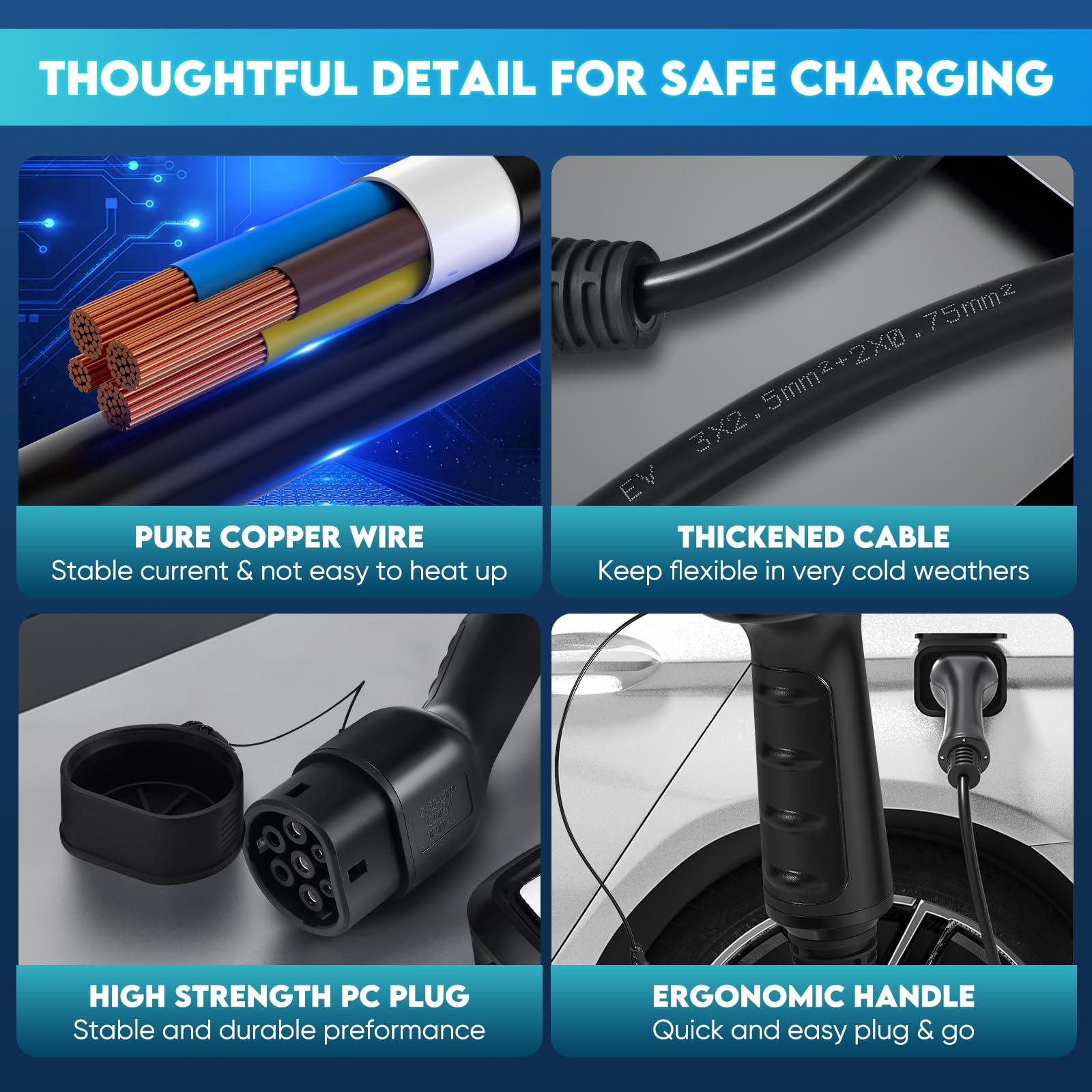 Cargador De Coche Eléctrico Portátil 16A/3.68kW | Cable Tipo 2 De 6m Con Indicador LED, Compatible Con EV/PHEV