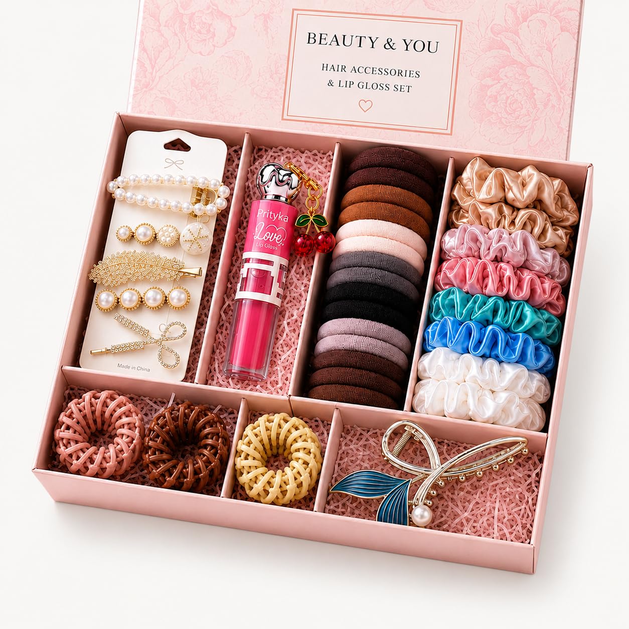 Viral Korean Lipgloss Luxury Beauty Hamper for Women | Hair Accessories Gift with Cherry Keychain Lip Gloss Scrunchies Hair Bands Hair Clips Pearl Pins Birthday Gift 24pcs Set-image-19