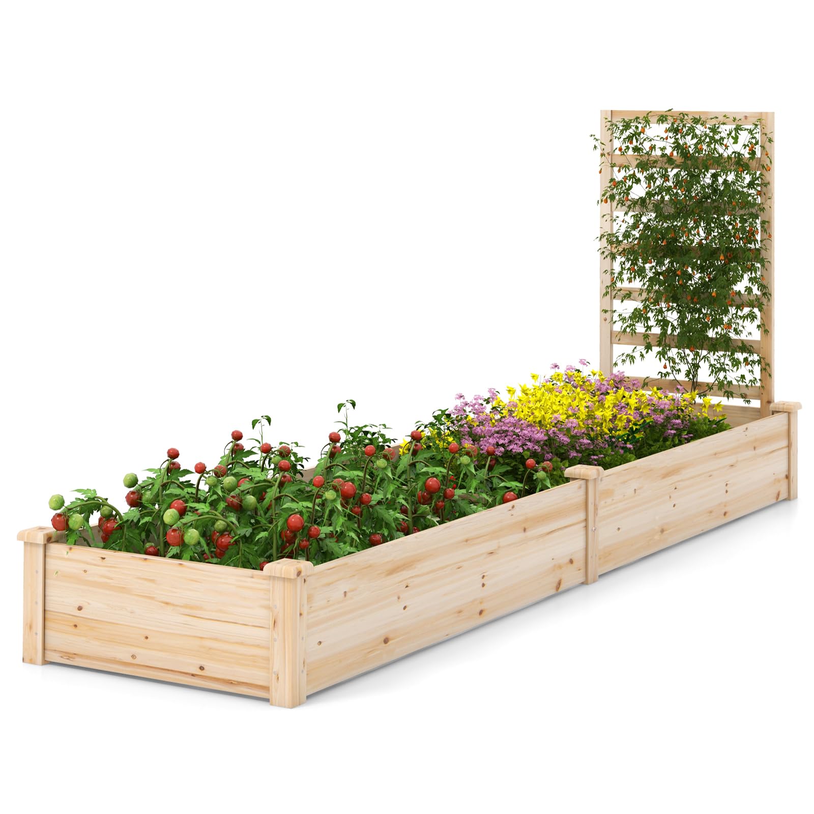 GOPLUS Jardinera con enrejado, bancal alto con enrejado, jardinera con suelo abierto, enrejado de madera de abeto, bancal de hierbas para patio, terraza (235 x 63 x 102 cm)