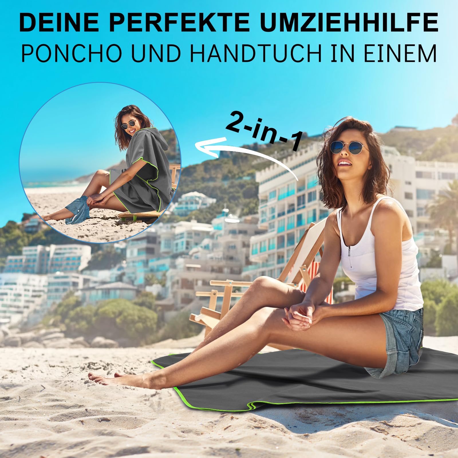 Pameil Poncho de baño para mujer y hombre, Poncho toalla, Poncho de microfibra para surf, Largo con capucha para mujer y hombre, Ideal para la playa, olas, surf (Gris oscuro)