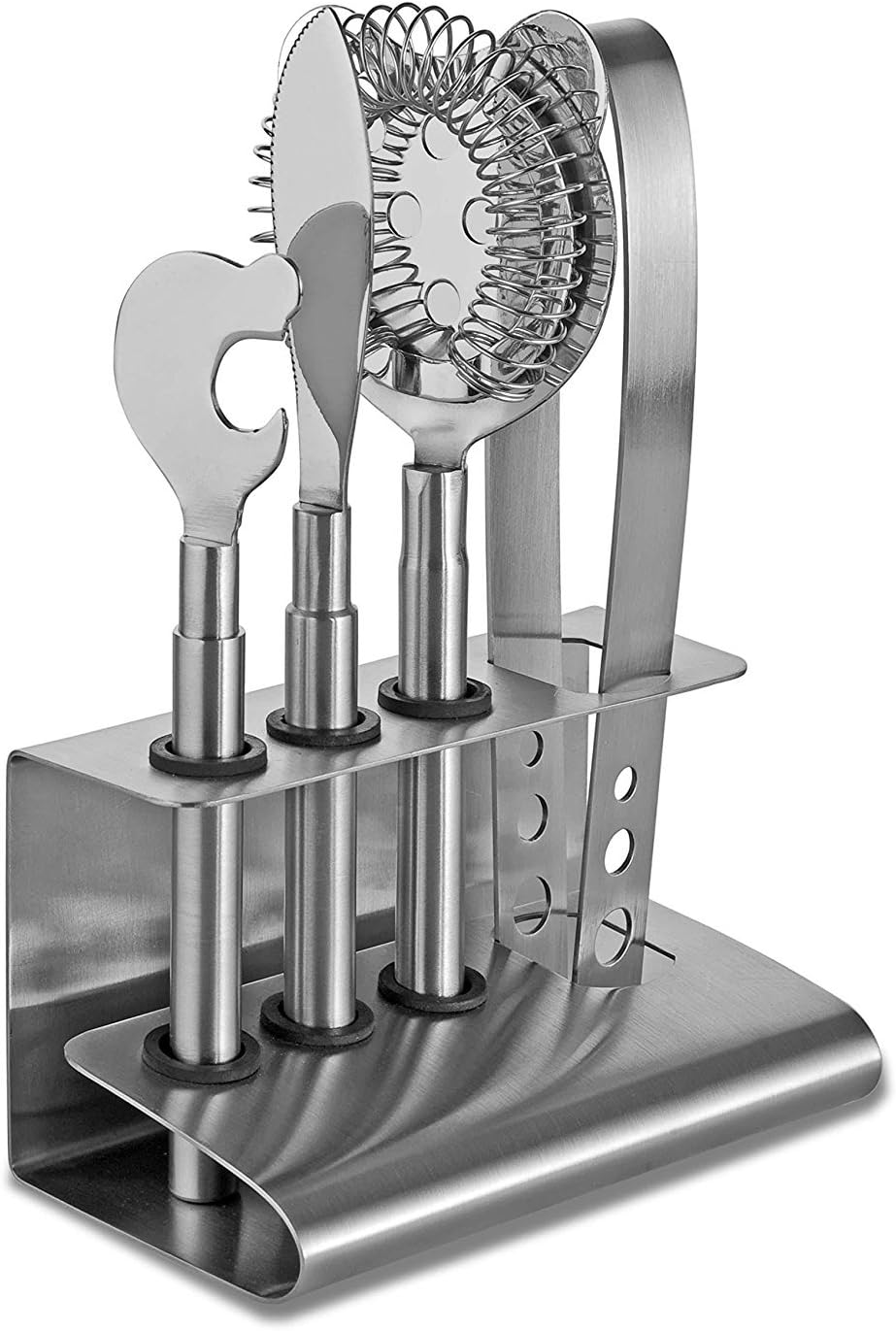 KAPALINI STAINLESS STEEL BAR TOOL SET - HAWTHORNE STRAINER , KNIFE , ICE TONG , BOTTLE OPENER AND SET STAND INCLUDED