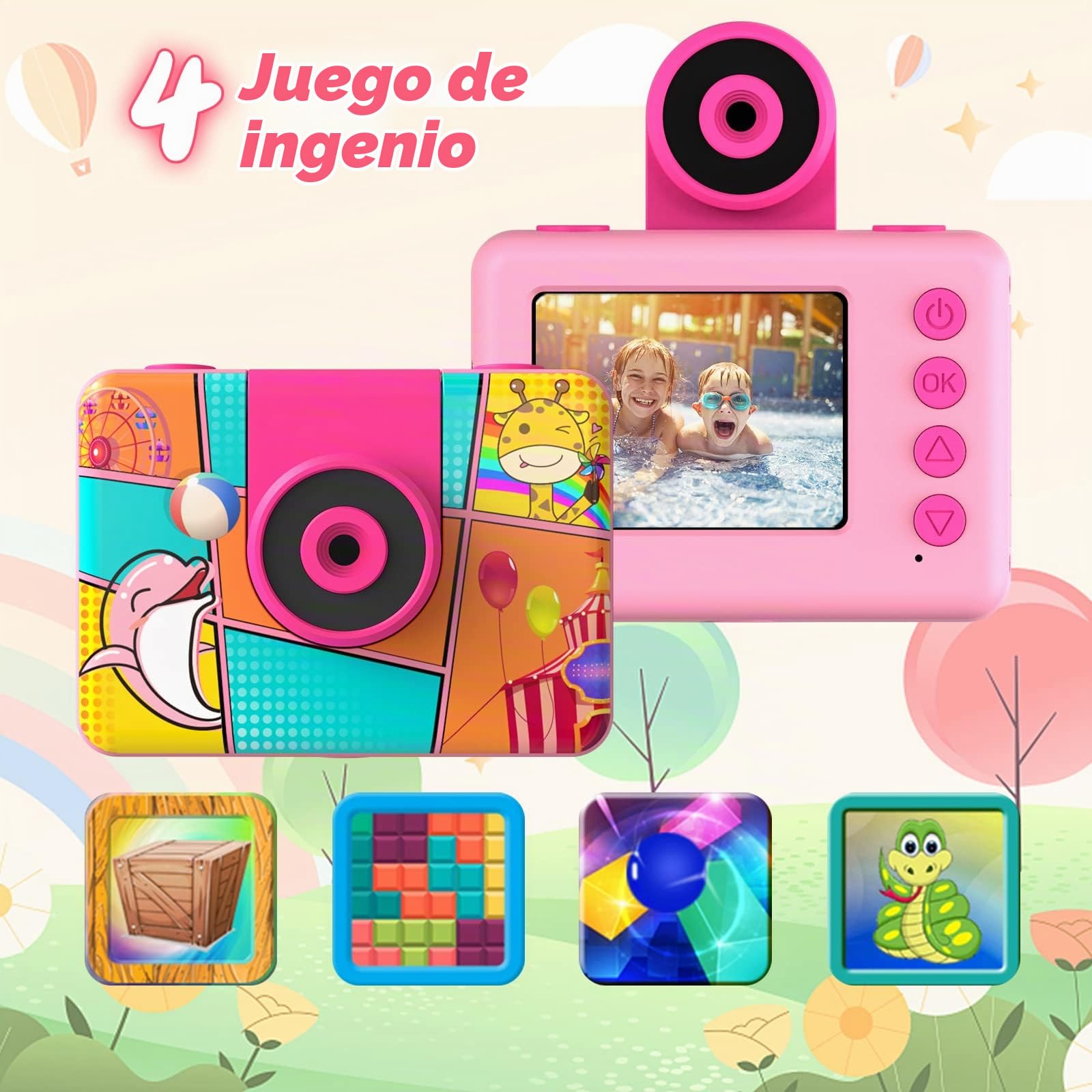 Cámara Fotos Infantil, Ushining Cámara para Niños Impermeable, 12MP HD 1080P Videocámara de Acción Subacuática Niños con Pantalla de 2,0 Pulgadas Tarjeta de 32GB TF, Regalo para Niños 3-12 Años, Rosa