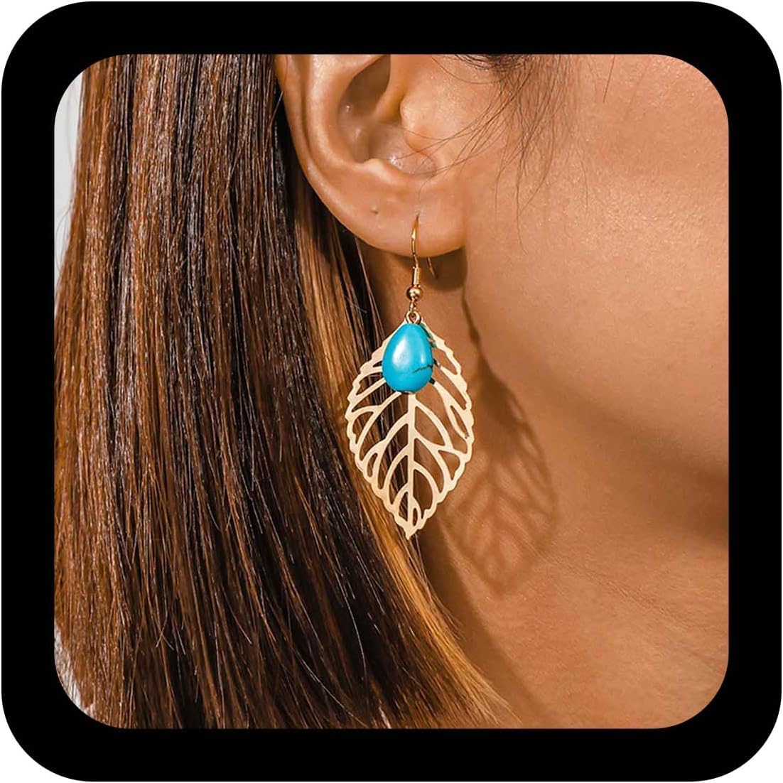 YienDoo Boho Turquoise Teardrop Drop Dangle Earrings Big Gold Leaf Drop Earrings Vintage Ethnic Turquoise Stone Hook Earrings Statement Hollow Leaf Dangle Earrings Jewelry for Women