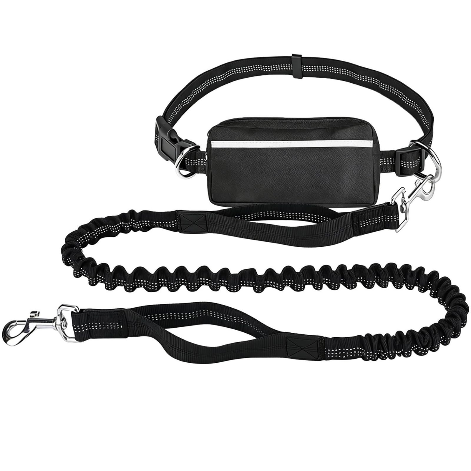 Hands Free Dog Lead with Reflective Stitching, Running Dog Lead with Shock Absorbing Bungee, Adjustable Length Waist Belt, Zipper Pouch, for Large Medium Dogs, Black