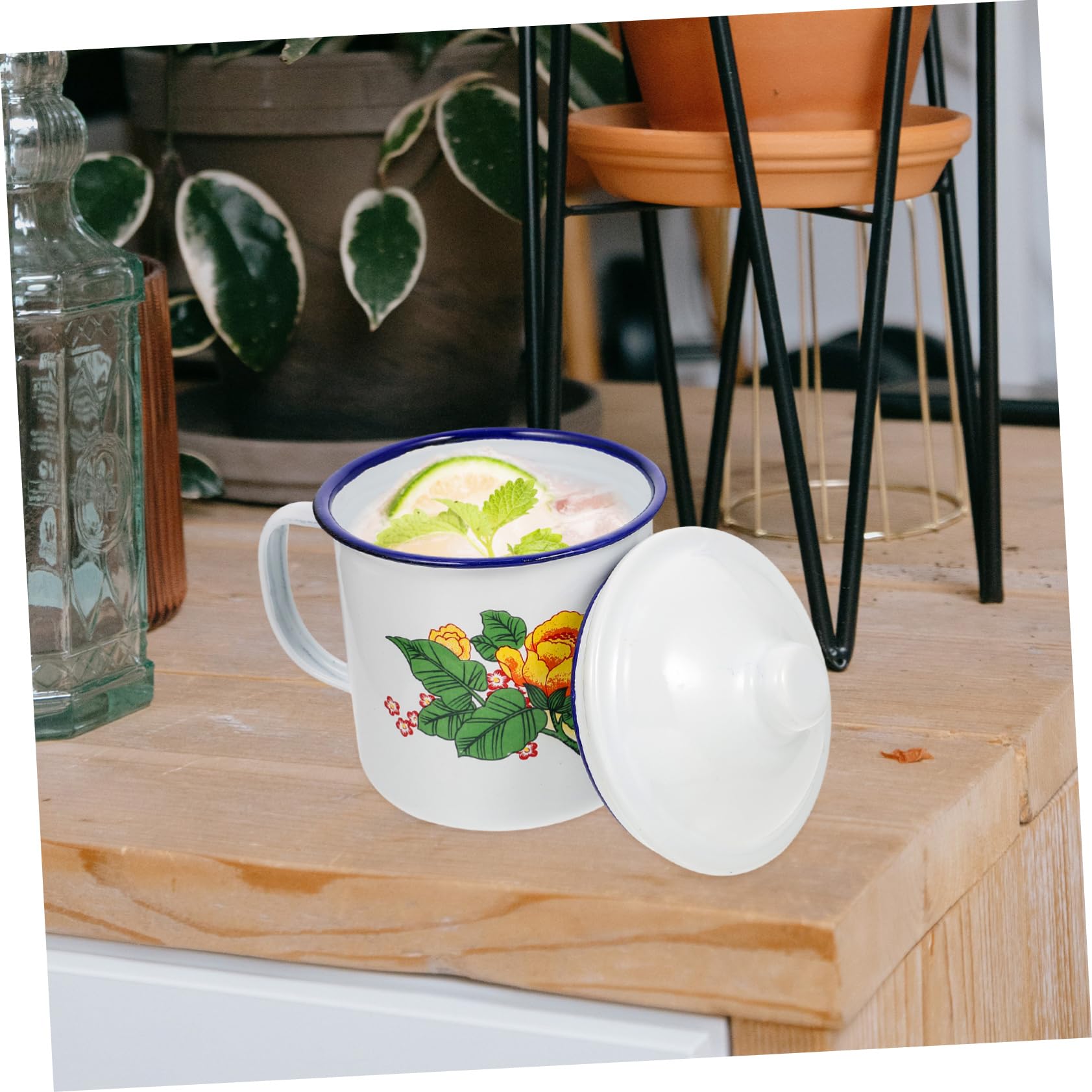 SOIMISS Tazza da Tè Retrò in Smalto 500ml Coperchio, Design Manico Isolante, Lavabile a Ampia Apertura, Set 2 Pezzi per Uso Domestico e Campeggio Stili multipli
