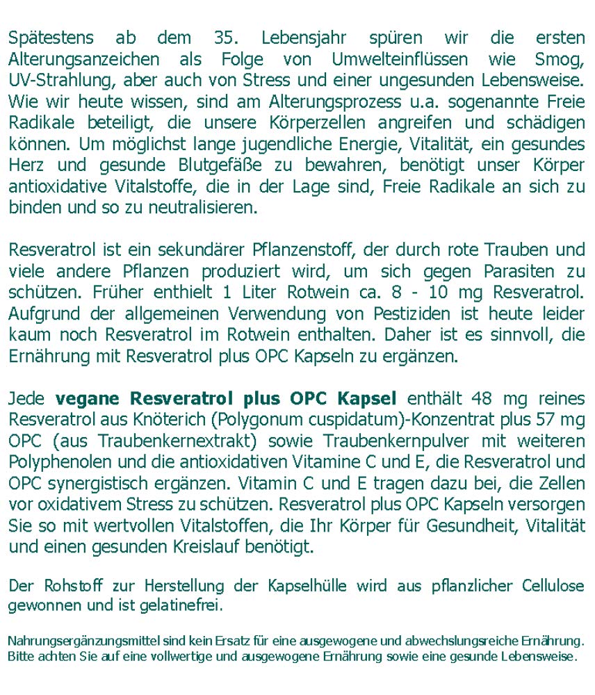 Resveratrol plus OPC vegane Kapseln 200 Stk. mit Traubenkernpulver und die antioxidativen Vitamine C und E
